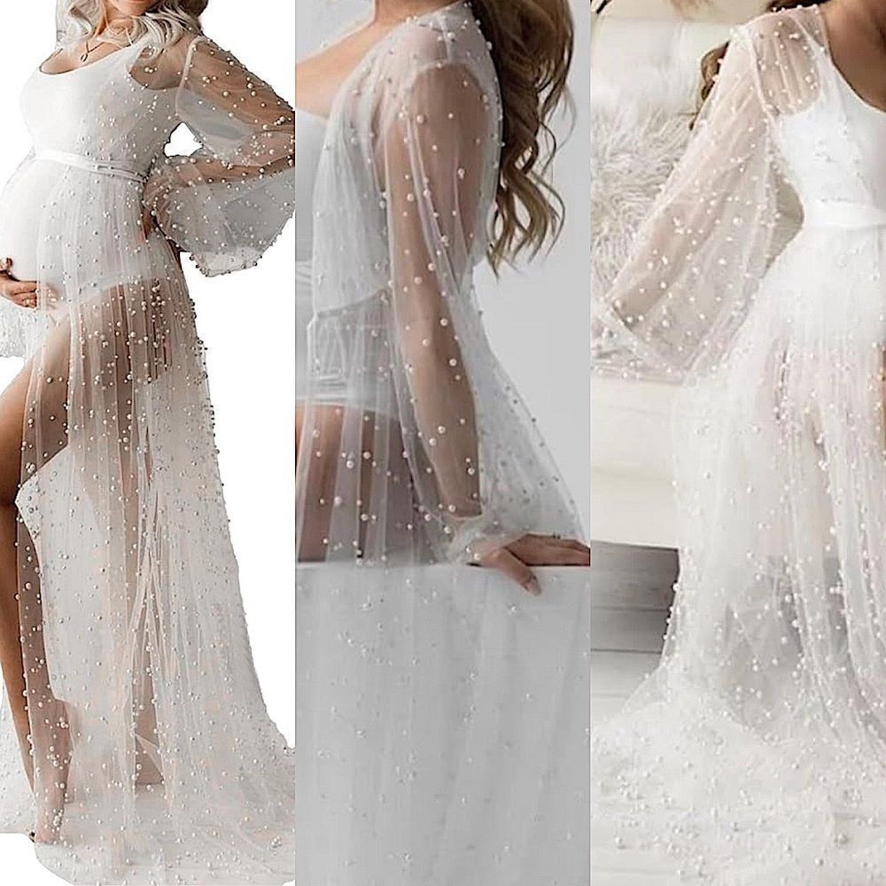Pearl-Embellished Sheer Maternity, Bridal, Boudoir Robe - White